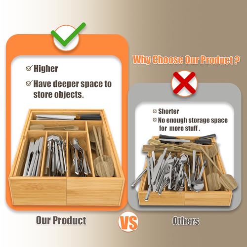 BAMEOS 3.9inch Tall Bamboo Drawer Organizer, Expandable Utensil Holder with 8 Compartments, Adjustable Kitchen Drawer Divider for Flatware, Silverware and Gadgets, Deep Storage for Home and Office - size: 3.9''H 22X16