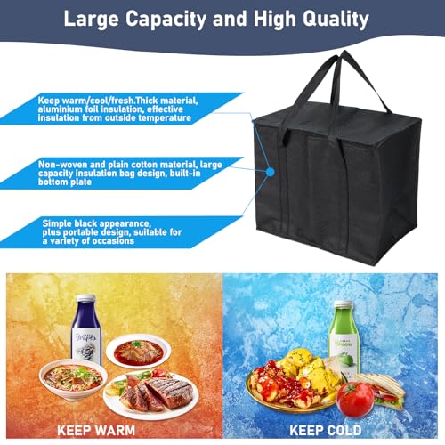 3Pcs Insulated Grocery Shopping Bag, FHDUSRYO 40L Large Black Food Delivery bags, Durable Thermal Cooler Bags with Handles and Bottom Plates, Reusable Lunch Container for Catering Grocery (43x26x33cm)