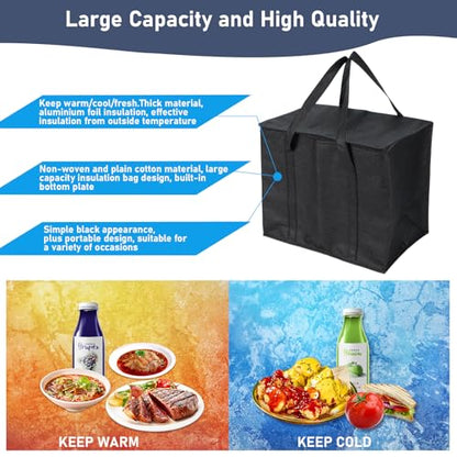 3Pcs Insulated Grocery Shopping Bag, FHDUSRYO 40L Large Black Food Delivery bags, Durable Thermal Cooler Bags with Handles and Bottom Plates, Reusable Lunch Container for Catering Grocery (43x26x33cm)