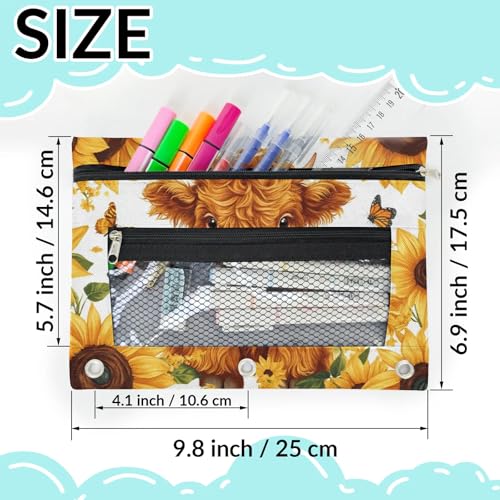 Sunflower Highland Cow Pencil Pouch for 3 Ring Binder Cattle Butterfly Pencil Case Bag with Clear Window Zipper Pockets for Kids Girls Boys Students School College Supplies 2 Pack