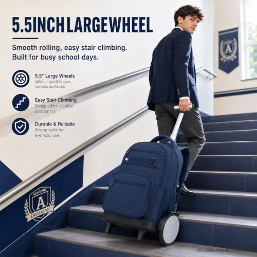 3Pcs Large Rolling Backpack for Teen Boys Men, 20 Inch Detachable Wheeled Bookbag with Lunch Box, Durable Oxford Cloth Roller Backpack for College School Travel (Blue) - color: Large Wheels Classic Blue