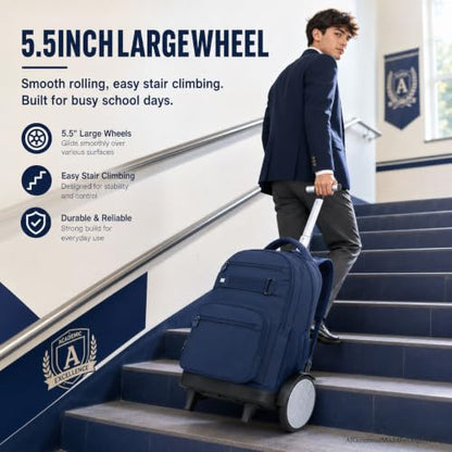 3Pcs Large Rolling Backpack for Teen Boys Men, 20 Inch Detachable Wheeled Bookbag with Lunch Box, Durable Oxford Cloth Roller Backpack for College School Travel (Blue) - color: Large Wheels Classic Blue
