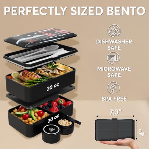 Umami Bento Box Adult All-In-1 w/4 Utensils, 2Sauce Jars, 2 Dividers, 100% Leakproof, Microwave & Dishwasher Safe, Stackable Bento Lunch Box Containers for Men/Women, Matte Black - Miyajima, 40 oz - color: Matte Black - LE Miyajima, size: M - 40 oz