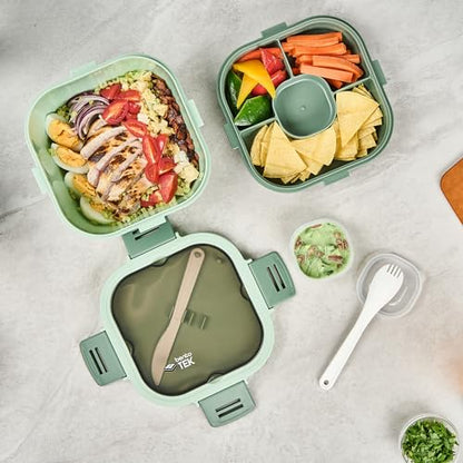Restaurantware-Bento Tek 57.5 Ounce Bento Box, 1 Reusable Lunch Container - With Fork And Knife, Does Not Contain BPA, Green Plastic Reusable Lunch Box, Microwavable, Dishwashable - size: 1 Count, style: 58 oz - Green