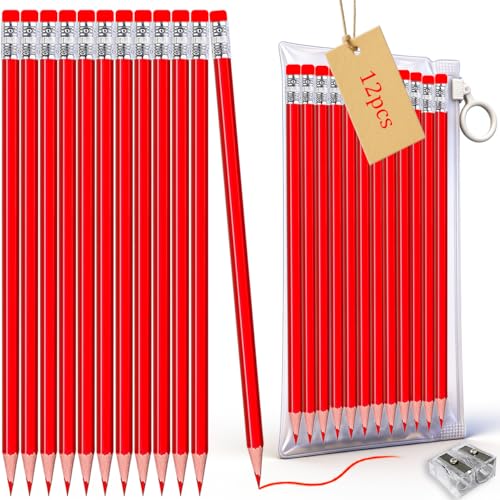 Adhere Red Colored pencils 12pcs Erasable Checking Pencils Pre-Sharpened #2 HB,for Checking Tests Grading,Map Coloring,editing Office Favors,including a Free sharpener (Red) - color: Red