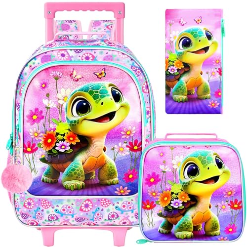 gxtvo Girls Rolling Backpack, Cute Turtle Roller Wheels Kids Bookbag - Wheeled Elementary School Bag - 3PCS Turtle - color: Uv Printing Flower Turtle Rolling Backpack