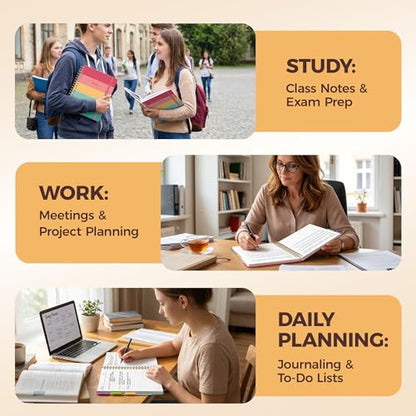 Hardcover Spiral Notebook Journal for Women & Men, Cute 5 Subject Notebook College Ruled for School & Work, Journaling Notebooks with Removable Dividers Tabs, 8" x 10", 300 Pages, Happy Stripes - color: Happy Stripes