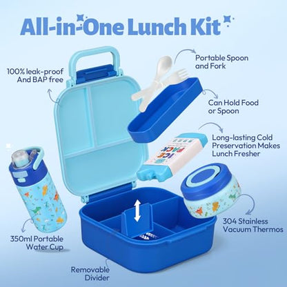 Itslife Bento Lunch Box for Kids Set, insulated food container, 7 oz thermos for hot food, 12 oz thermos water bottle, Reusable Insulated Ice Bag & Fork Spoon Utensils Camping Travel Blue-KL - color: Blue-KL