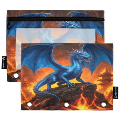 Gredecor 3 Ring Binder Pencil Pouch, Blue Dragon Glowing Eyes Zippered Pen Case Pouches with Clear Window, 2 Pack Stylish Office & School Supplie - color: Blue Dragon Glowing Eyes