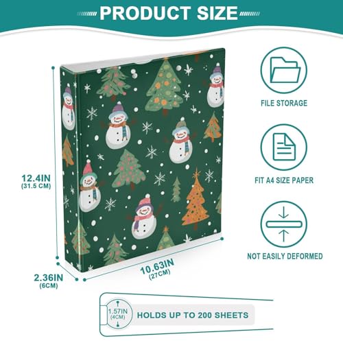 Fustylead Cute Cartoon Xmas Snowmen and Trees 3 Ring Binder, D-Rings 1.5" Hardcover Folder, Fits 200 Sheets of A4 Paper, Durable Clipboard & Clean View with Inside Pockets for School Home Office - size: 12.4x10.63x2.36 Inch-1 Pack
