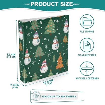 Fustylead Cute Cartoon Xmas Snowmen and Trees 3 Ring Binder, D-Rings 1.5" Hardcover Folder, Fits 200 Sheets of A4 Paper, Durable Clipboard & Clean View with Inside Pockets for School Home Office - size: 12.4x10.63x2.36 Inch-1 Pack