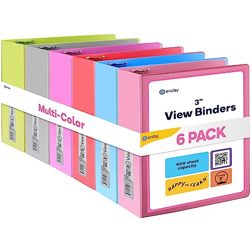 Enday 3 inch Binder (6 Pack - Assorted Colors) 3 Ring Binder 3 inch with Clear View Cover and 2 Inside Pocket - for Letter Size 8.5 x 11'' Paper, Ideal for School Supplies, Office, and Home - size: 3-Inch