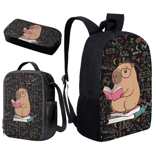 Cartoon Capybara School Backpack Set of 3 with Lunch Box Pencil Case Kids Backpack for Girls 8-10 with Compartments Suitable for Elementary Middle School High School - color: Cartoon Capybara