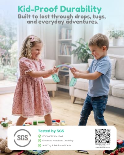 acer Kids Bluetooth Headphones, Over Ear Headphone for Kids with Mic, 75H Playtime, 85dBA Safe Volume, Bluetooth 6.0, USB C Fast Charging, Toddler Headphones for iPad/Tablet/Travel/School-Green Purple | 75H Playtime, Bluetooth 6.0, 3.5mm Jack Aux Cord, 85