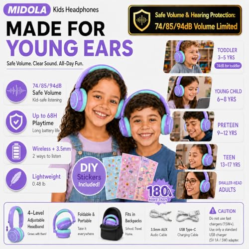 MIDOLA Kids Bluetooth Headphones 68H Play Time,Volume Limit 85/94dB, Foldable Lightweight Wireless Over-Ear Headphone for Kid Toddler Child Pad Tablet,Headsets with Built-in Mic Purple - color: Purple