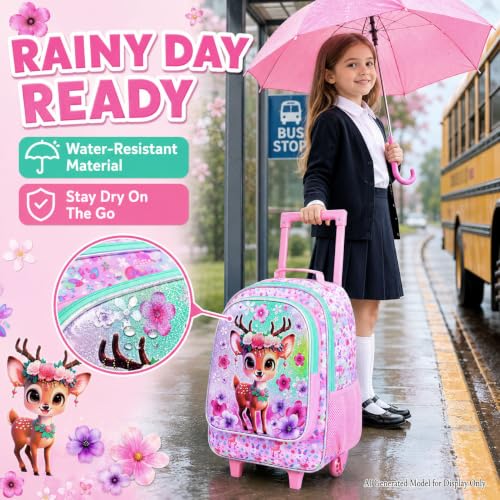 KLFVB Girls Rolling Bookbag, 3PCS Kids Roller Backpack with Lunch Bag, Wheeled School Bag for Children - Deer - color: Uv Printing Peach-blossom Deer Rolling Backpack