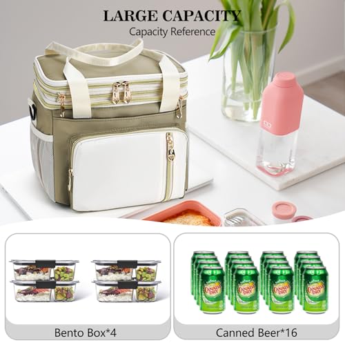 LOKASS Lunch Box for Women/Men-16L-Insulated Lunch Bag, Expandable Double-layer Leakproof Cooler Bag with Upgrade Adjustable Shoulder Strap Ideal for Work/Travel/Picnics（Beige&White） - color: Beige