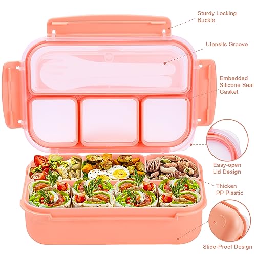 Bento Box Adult Lunch Box, Lunch Containers for Kids Girls Boys with 4 Compartments, Lunchable Food Container with Utensils, Sauce Jar, Muffin Liners, 40 Oz/5 Cup, Microwave & Dishwasher Safe, Pink - color: Pink