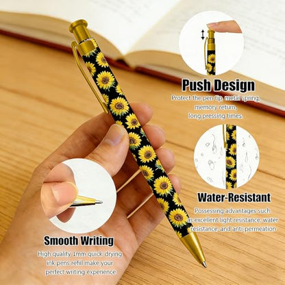 Ballpoint Pen 4Pcs Click Black Ink Metal Retractable 1.0 mm Medium Ballpoint Pens Quick Dry for Office School (Sunflowes) - color: Sunflowes