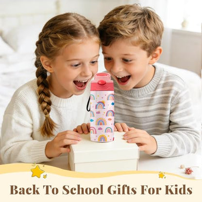 Pink Water Bottle for Girls - 12oz Rainbow Kids Water Bottle with Straw, Stainless Steel Tumbler, Insulated, Leak-proof, BPA-free, Pop-up Straw Lid, for School - Children Birthday Gift Cup(1pc) - color: Cloud Rainbow