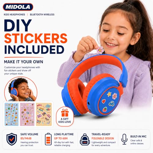 MIDOLA Kids Bluetooth Headphones 68H Play Time,Volume Limit 85/94dB, Foldable Lightweight Wireless Over-Ear Headphone for Toddler Kid Child Pad,Headsets with Aux Built-in Mic Blue - color: Blue