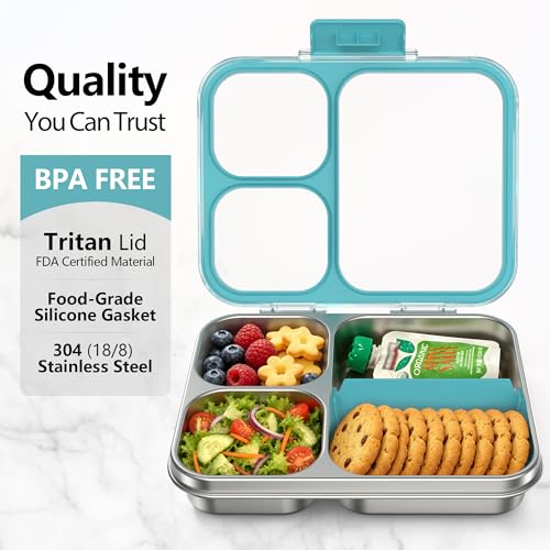 HOMEKOL Stainless Steel Bento Lunch Box 3-Compartment, 4.2Cups, Blue | Leak-Proof Metal Lunch Container for Kids & Adults, BPA-Free, Dishwasher Safe, Clear Tritan Lid, 1000ml (Not Insulated) - color: Blue, size: 34oz (1000ml)