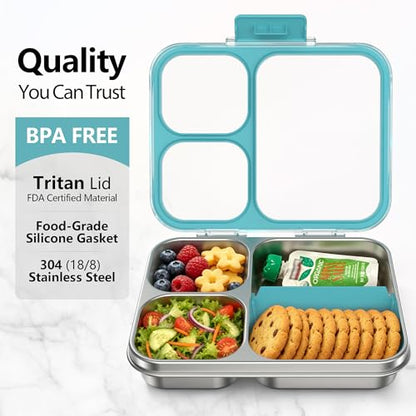 HOMEKOL Stainless Steel Bento Lunch Box 3-Compartment, 4.2Cups, Blue | Leak-Proof Metal Lunch Container for Kids & Adults, BPA-Free, Dishwasher Safe, Clear Tritan Lid, 1000ml (Not Insulated) - color: Blue, size: 34oz (1000ml)