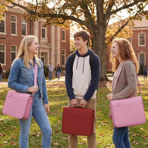SUNEE Zipper Binder 3 Ring, 3 Inch O-Ring with Handle and Shoulder Strap, 600-Sheet Capacity, 5-Tab Expanding File Folder, Multi-Pockets for Middle School Organizer Binder with Zipper, Bright Red - color: Bright Red