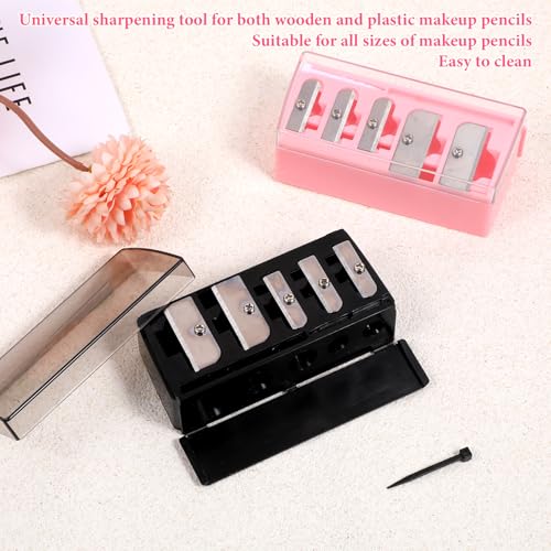 2 Pack 5 Hole Cosmetic Long Point Pencil Sharpener Eye Pencil Sharpener Makeup Eyeliner Pencils Sharpeners with Plastic Lid Cosmetic Manual Tools for Eyeliner Eyebrow Lip Liner Pencils(Black, Pink)