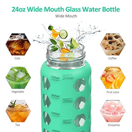 MUKOKO 24oz Glass Water Bottle, Green | Glass Tumbler with Straw, Drinking Bottles with 2 Lids-Handle Spout Lid & Bamboo Straw Lid, Silicone Sleeve, 1 Pack - color: Green, size: 24 Ounces