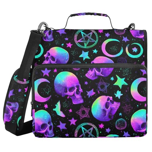 3 Ring Zipper Binder Purple Blue Skull Moon Binders Bag with Shoulder Strap 500 Sheets Paper Organizer Trapper Keeper Documents Storage File Folder for School Office - color: A860
