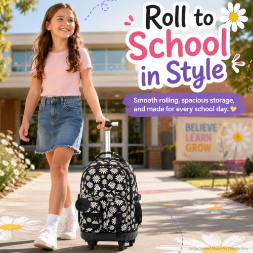 CCJPX Rolling Backpack for Girls, 3Pcs Roller Wheeled School Bookbag, Daisy Wheels Backpacks with Lunch Box for Kids (Black) - color: Daisy Black