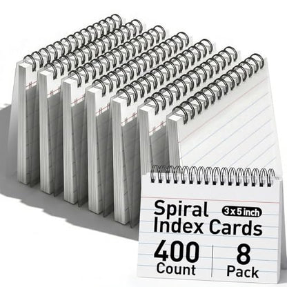 Koogel Spiral Index Cards 3x5 Ruled, 400 Count (5 Packs of 80) White Spiral Bound FlashCards with Waterproof Cover, Tear-Off Note Cards with Ring for Studying, School, Office & Memory - color: white