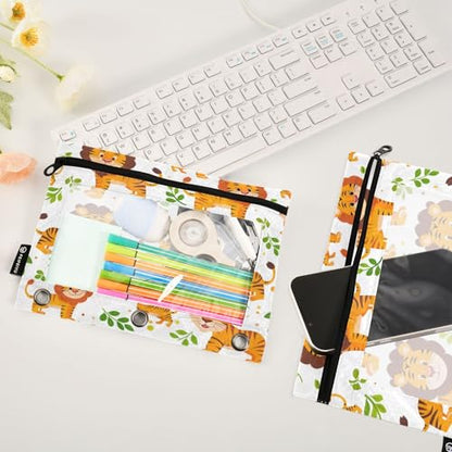SUABO Cute Lovely Lion Pencil Pouch for 3 Ring Binder, 2 PCS Binder Pencil Pouch with Zipper, Clear Window Zipper Pencil Case Pencil Bags for Office Supplies - color: Lion