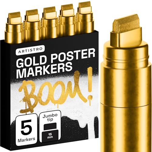 ARTISTRO 5 Gold Paint Pen for Rock, Glass, Ceramic, Wood, Tire, Fabric, Metal, Canvas, Marking, Painting - Set of 5 Acrylic Paint Markers Water-based - Jumbo Tip - color: Gold, style: Jumbo Tip