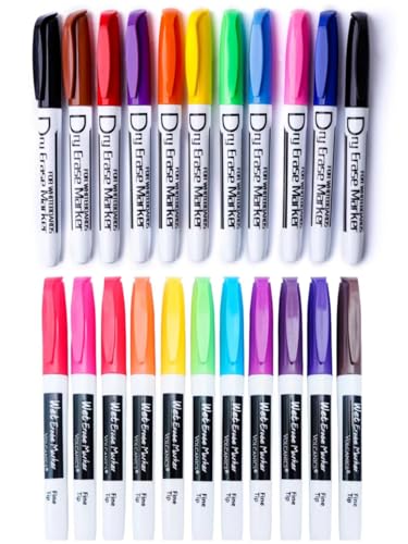 Volcanics Dry Erase Markers Assorted Colors 12 pcs Fine Tip + Wet Erase Markers Assorted Colors 12 pcs Fine Tip Bundle - Perfect for Whiteboards, Glass, Calendars - Low Odor, Easy Erase