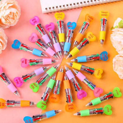 Vellibring 24pcs Valentine's Day Hearts Pens Cute Cartoon Multicolor Pen Fun 4-in-1 Pens Bulk Be Mine Love XOXO Valentines Stationery Party Favors School Supplies Students Rewards - style: Valentines Hearts-24pcs