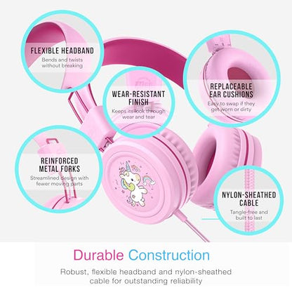 MEE audio KidJamz KJ55 Wired Children’s Headphones with 3.5mm Plug, Colorful Graphics, Volume Limiter & Microphone, Adjustable On-Ear Kids Headset for Online Learning/School/Travel/Tablet (Pink) - color: Pink, style: Standard