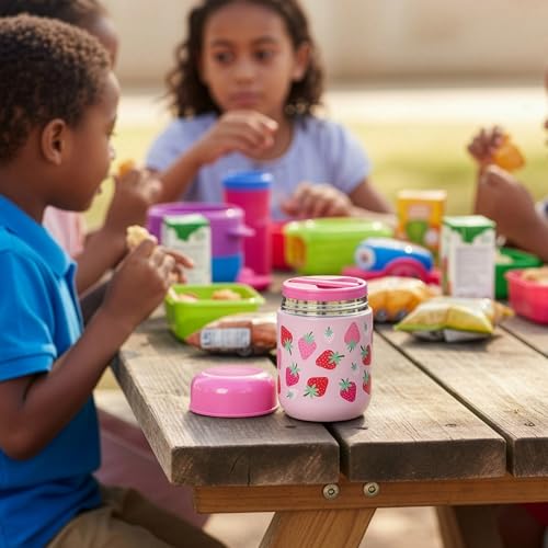 Wildkin Kids 10 oz Insulated Food Jar, Strawberry | Wide-mouth 10 oz jar keeps food hot up to 5 hrs and cold up to 7 hrs · includes two folding spoons · stainless steel interior - color: Strawberry Patch