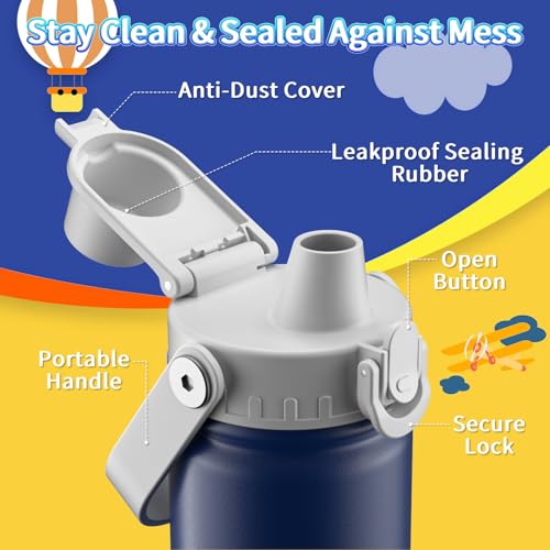 baab 18oz Kids Water Bottle, Insulated Kids Water Bottle with Lockable Spout Lid & Stickers, 18/8 Stainless Steel Vacuum Leakproof Kid Water Cup with Handle for Boy Girl & School (Grey+Navy Blue) - color: Grey+Navy Blue, size: 18 Ounces
