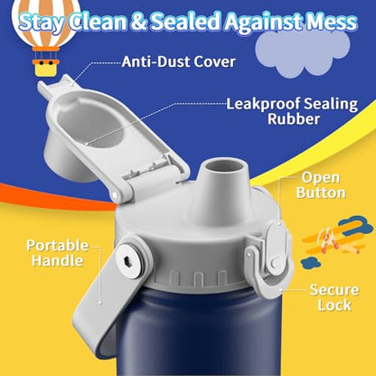 baab 18oz Kids Water Bottle, Insulated Kids Water Bottle with Lockable Spout Lid & Stickers, 18/8 Stainless Steel Vacuum Leakproof Kid Water Cup with Handle for Boy Girl & School (Grey+Navy Blue) - color: Grey+Navy Blue, size: 18 Ounces