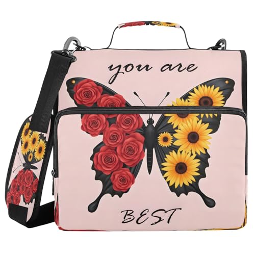 3 Ring Zipper Binder Sunflowers Roses Floral Butterfly Binders Bag with Shoulder Strap 500 Sheets Paper Organizer Trapper Keeper Documents Storage File Folder for School Office - color: A1181