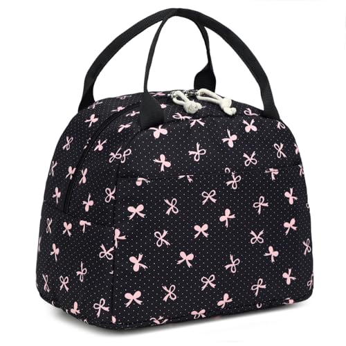 LEDAOU Kids Lunch Bag for Girls, Insulated School Lunch Box, Lightweight | Insulated interior, lightweight design, front pocket, smooth dual zippers, ideal for school and travel - color: Black Bow