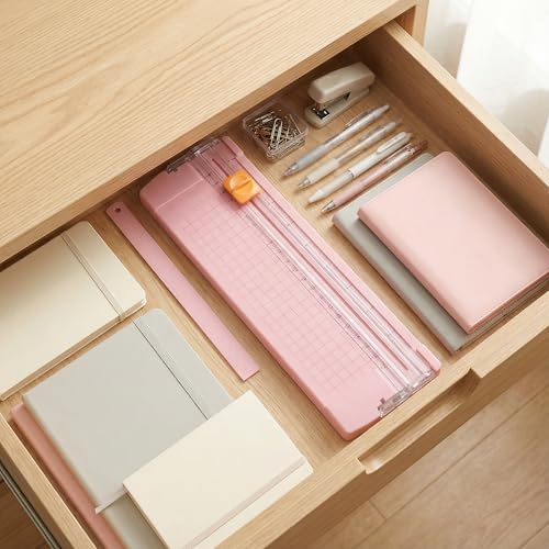 Paper Cutter, Pink Sliding Blade Trimmer with Clear Ruler and Grid Base for Cardstock, Photos, and Craft Projects, Compact Desktop Tool, 1 Pack
