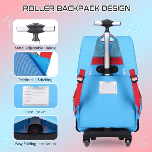 Jafeton Rolling Backpack for Boys, 3 PCS Gamer Boy Backpack Set with Lunch Box & Pencil Pouch, Roller Wheels School bag for Boys Kids Teens, Elementary Middle School, Kids Bookbag Casual Daypack - color: Red Blue