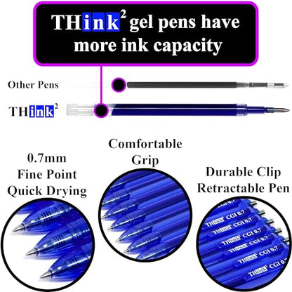 [24 Pens - Blue Ink] Think2 0.7mm CGI Retractable Gel Pens. (24 Blue) Medium Point Rollerball Pens with Smooth Quick Drying Ink. - color: Blue