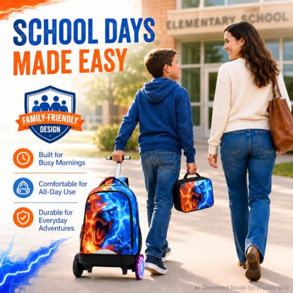 AGSDON Quiet Rolling Backpack with Lunch Box Set – Large Luminous Wheel Water‑Resistant Wheeled Bag for School, Outings, and Travel | Fire-Lightning Dinosaur 3‑Piece Organizer Backpack - color: Large Luminous Wheel Rolling Fire-lightning Dino