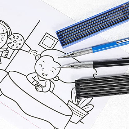 2mm Mechanical Pencil Set, 2 Pieces Artist Carpenter Drafting Pencils 2.0 mm with 2 Tube Lead Refill (HB, 2B), Art Lead Holder Metal Marker for Draft Drawing, Writing, Art Sketching