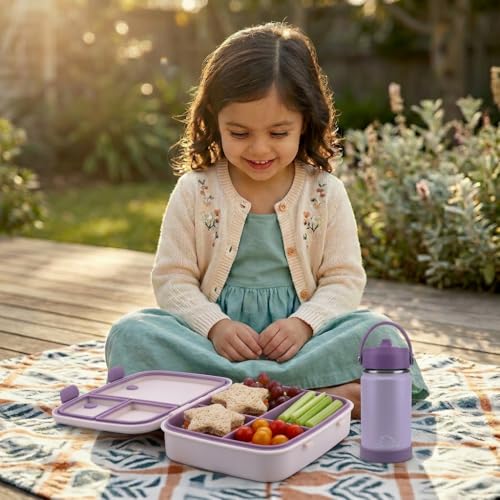 Bento Midi Lunch Box with carrying handle – 4 No-Mix Compartments | Microwave & Dishwasher Safe,Removable Tray | 900ML OZ (Purple Dark Powder) - color: Purple Dark Powder