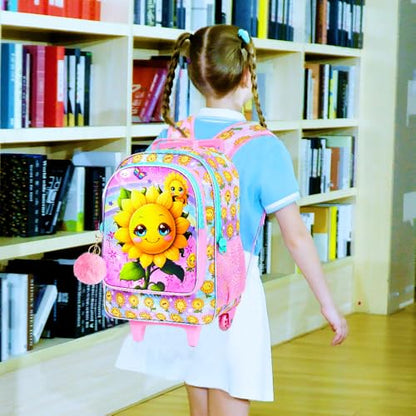 KLFVB Girls Bookbag with Wheels, 3PCS Kids Roller Backpack with Lunch Bag, Wheeled School Bag for Children - Smiling Sunflower - color: UV Printing Sunflower Pink Rolling Backpack